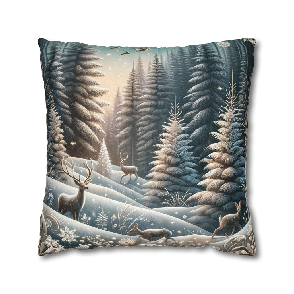 Elegant Winter Forest Pillow Cover: 3D-Rendered Snowy Scene with Wildlife for Festive Home Decor