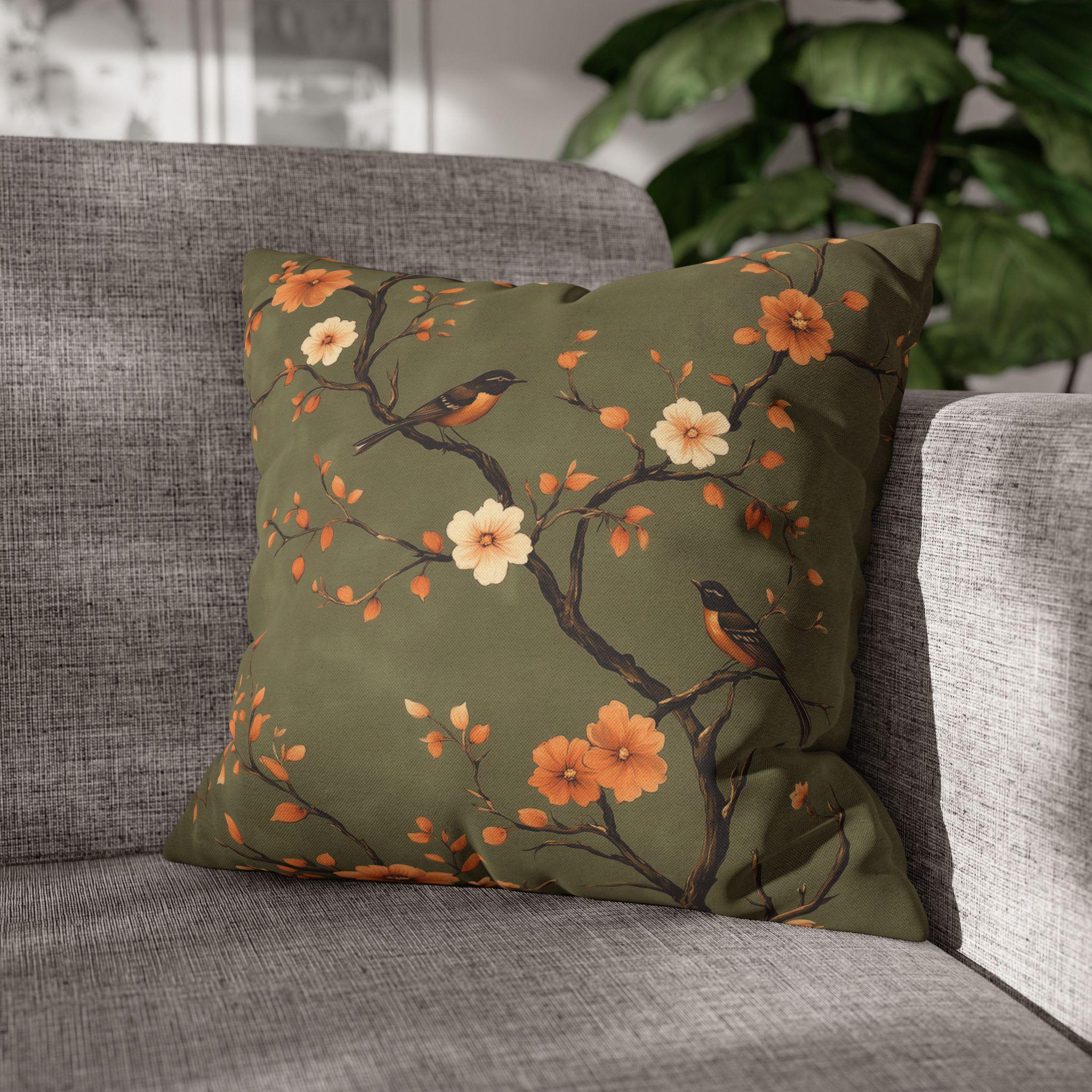 Chinoiserie Bird Pillow Cover: Peach & Brown Floral, Olive Green Accent