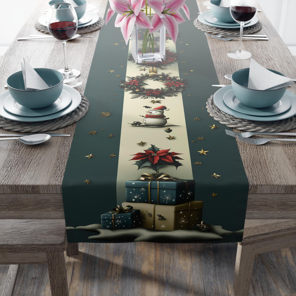 Vintage Nostalgia Christmas Table Runner: Snowman, Poinsettia & Wreaths on Deep Teal-Gray and Cream