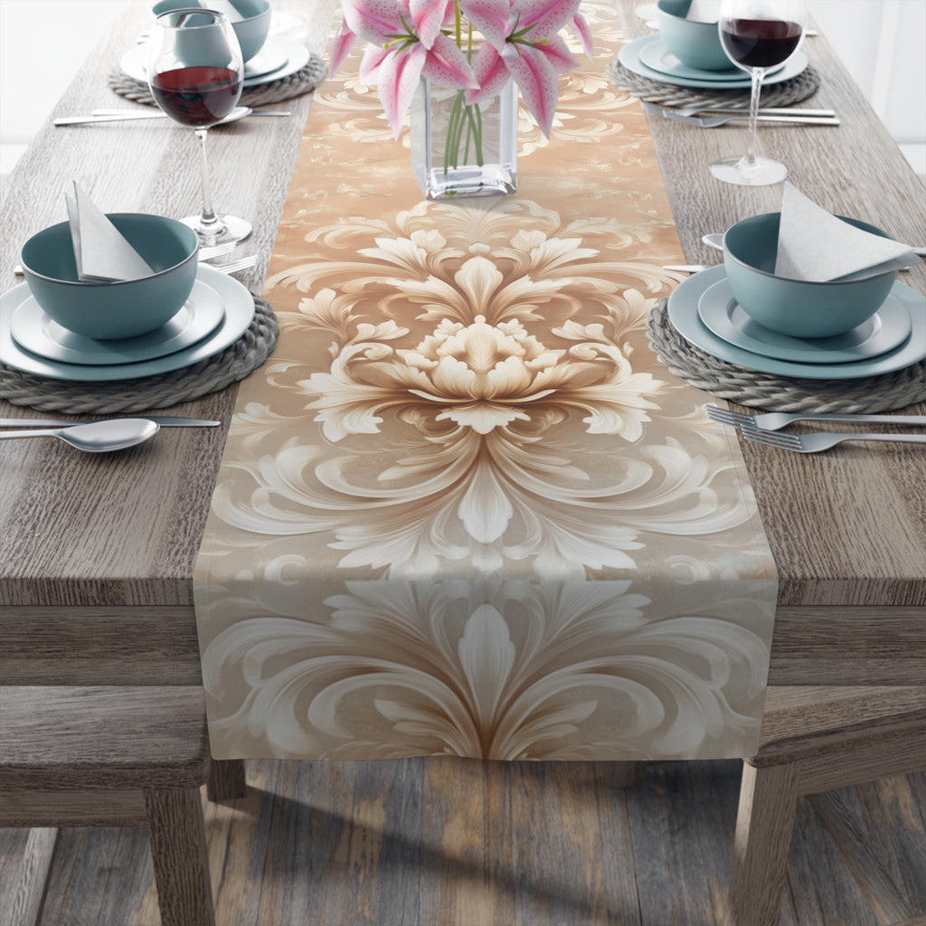 Elegant Damask Floral Table Runner: Ivory-Beige-Caramel Gradient, Luxury Home Decor Accent