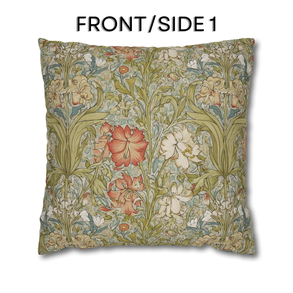 William Morris Style Pillow Cover: Soft Sage, Coral and Ivory Botanical Floral