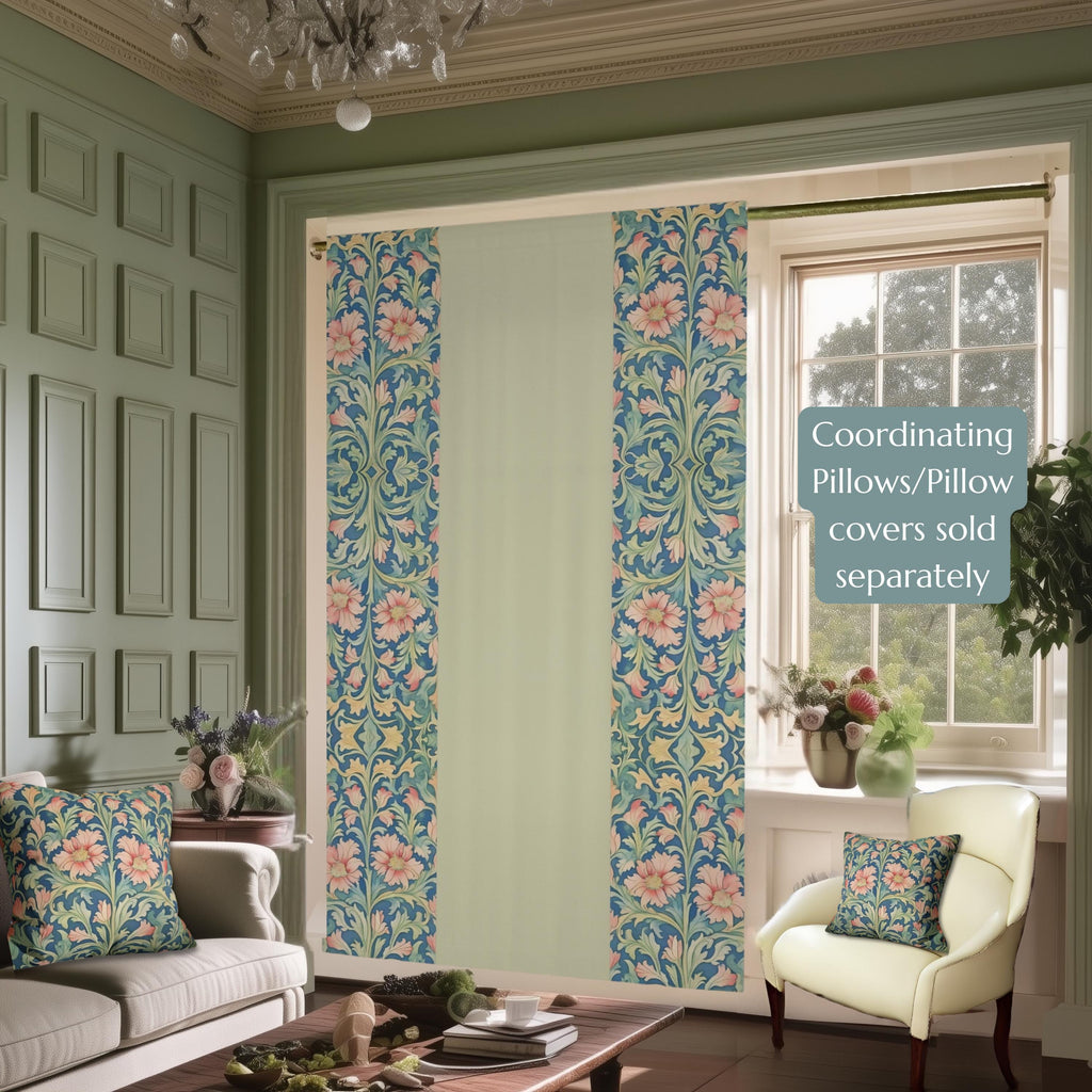 William Morris Pimpernel-Inspired Blackout Panel Curtain: Modern Blue Coral Pink Botanical