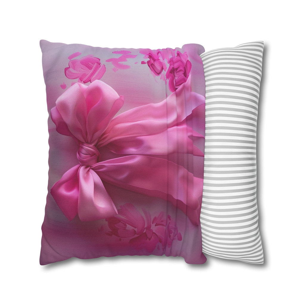 Romantic Coquette Pillow Cover: Pink Satin Bow Image & Floral Accents for Feminine Bedroom Decor