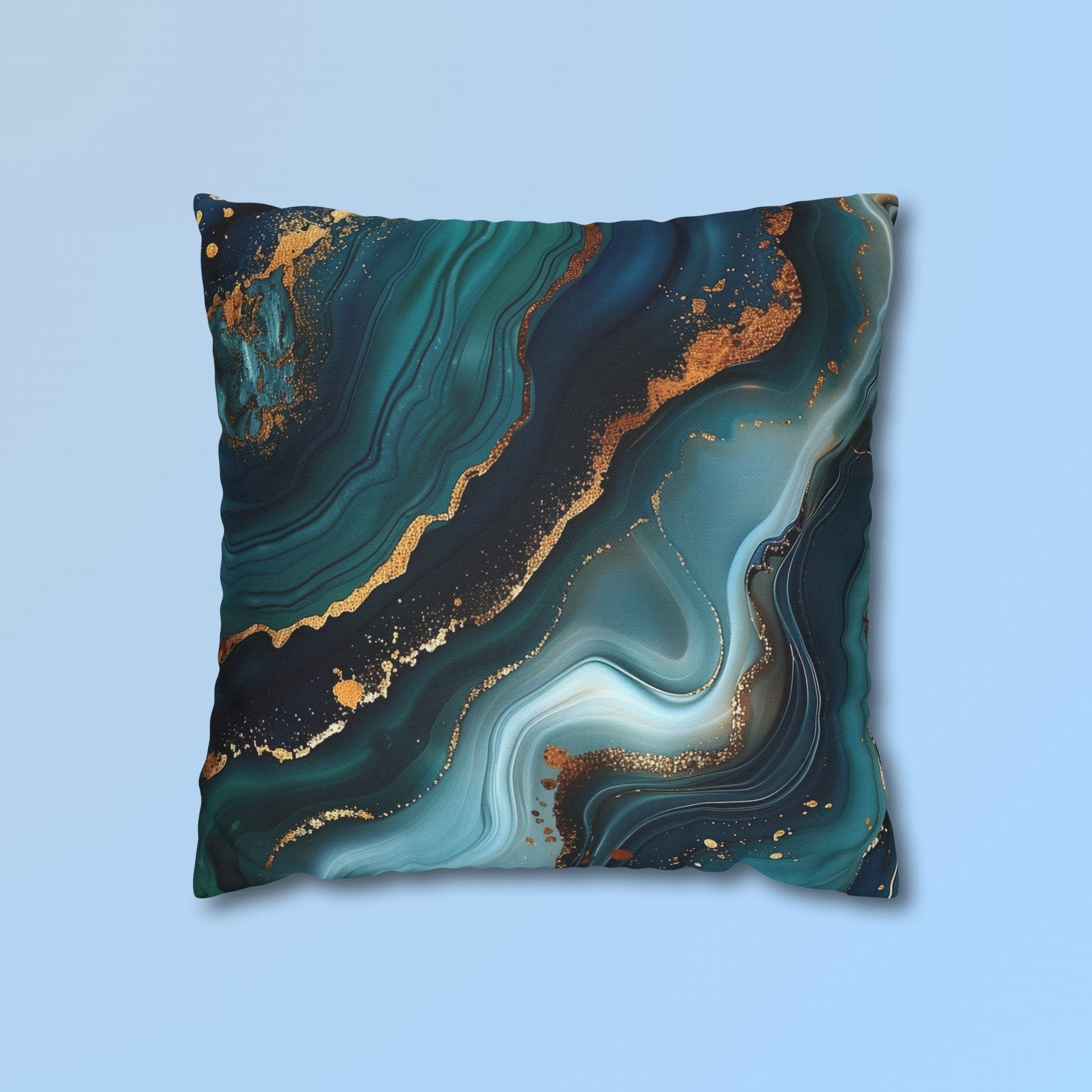 Ocean Waves Pillow Cover: Teal Navy & Gold Accent Cushion
