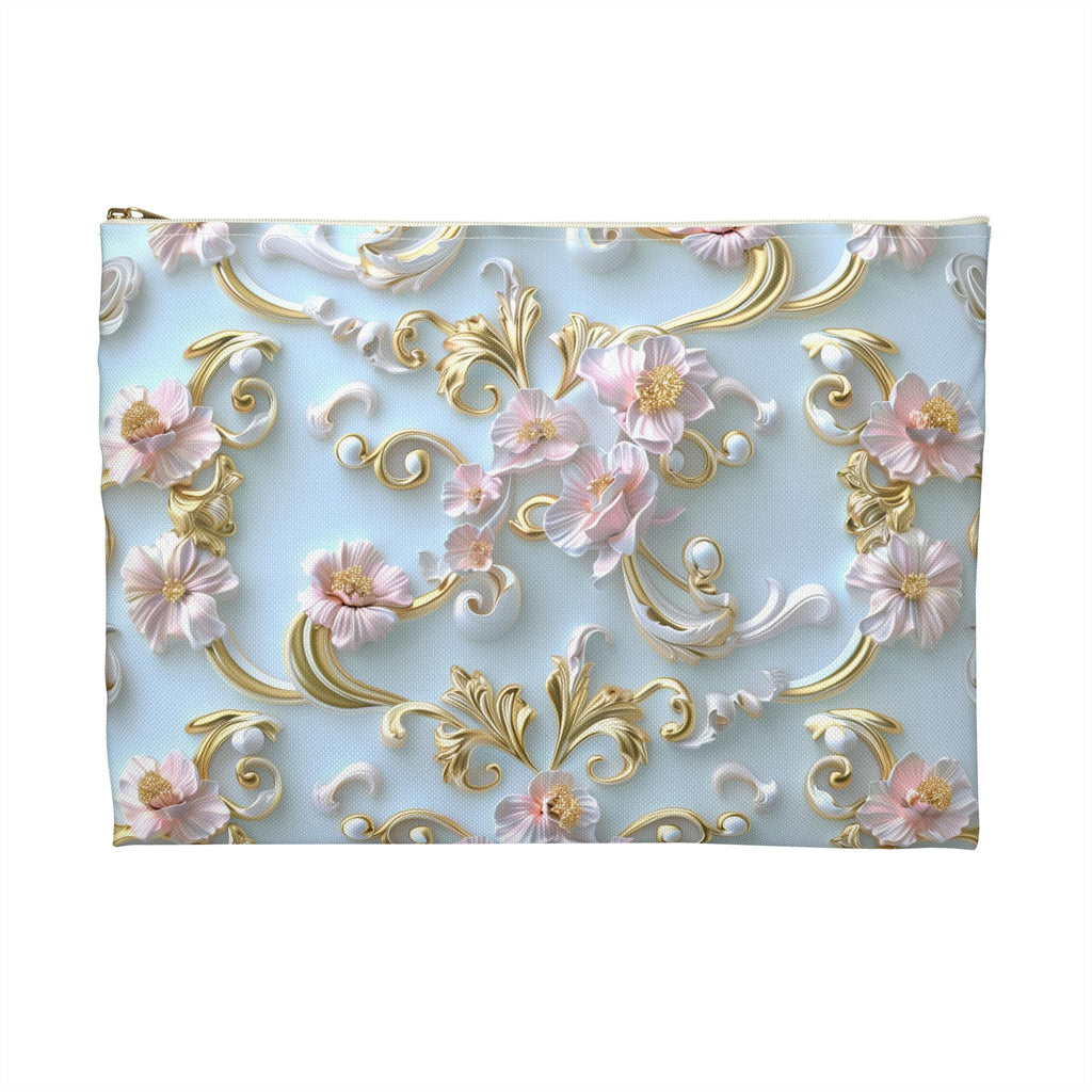 Rococo Zipper Pouch: Golden Scrollwork, Pink Flowers, Coquette Accessory