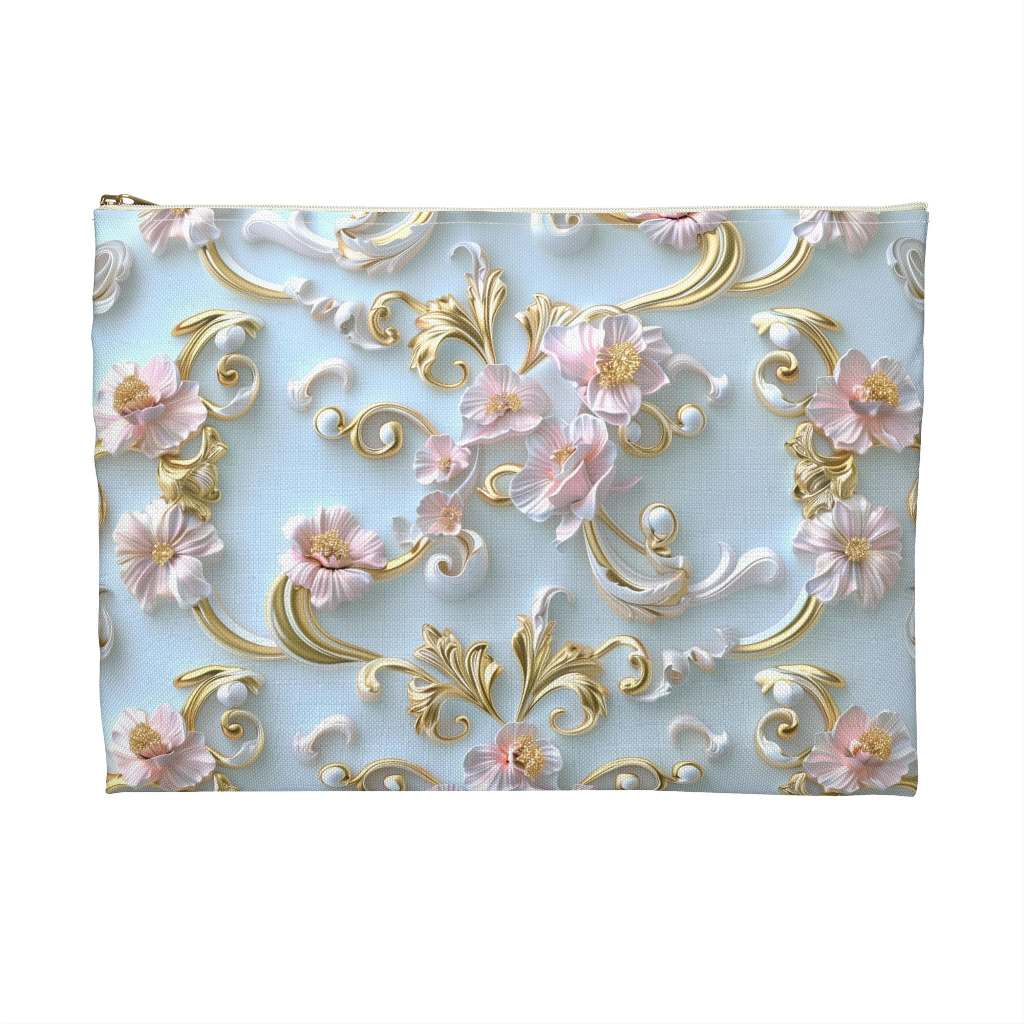 Rococo Zipper Pouch: Golden Scrollwork, Pink Flowers, Coquette Accessory