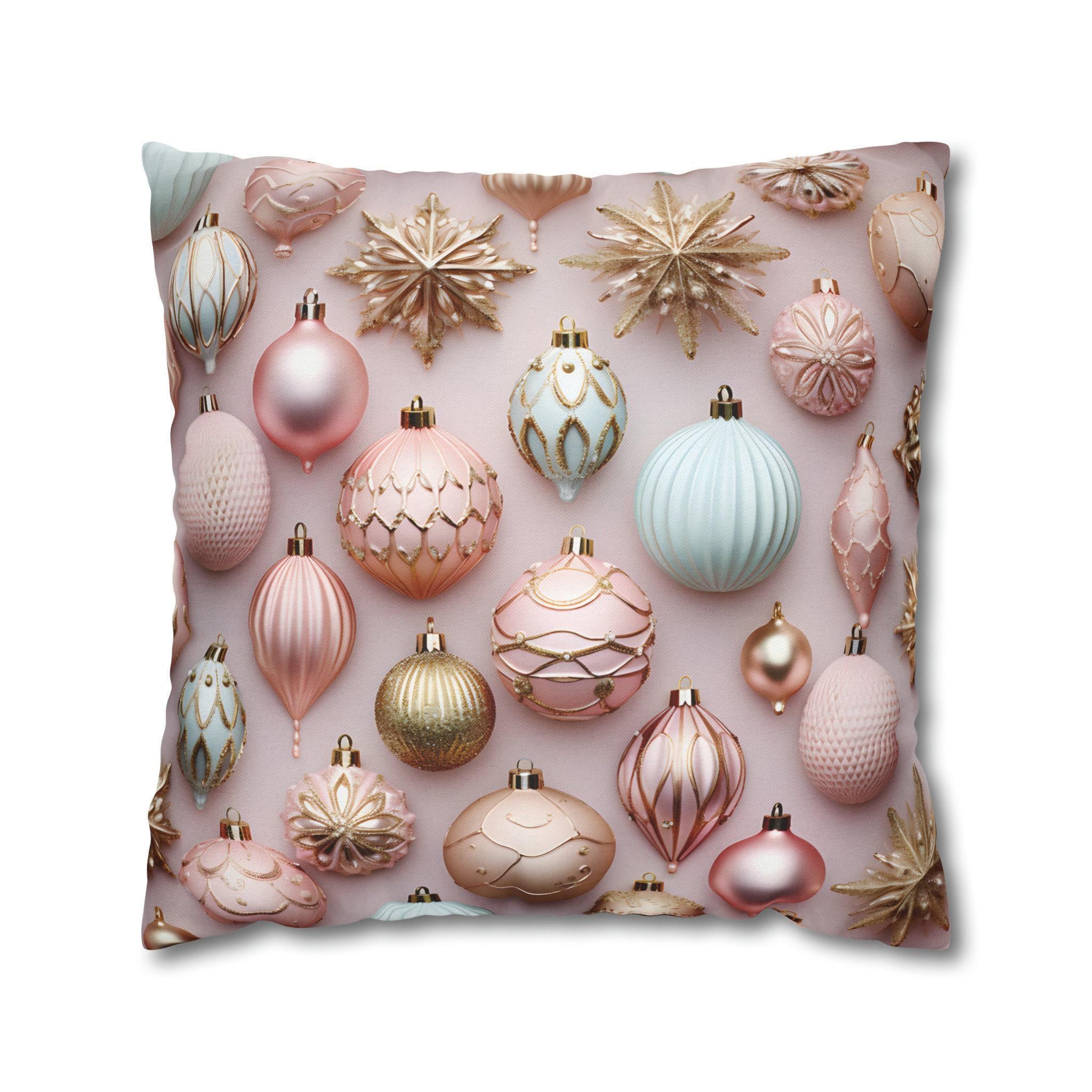 Pastel Holiday Ornaments Pillow Cover: Shimmer & Pink Pattern for Festive Elegance