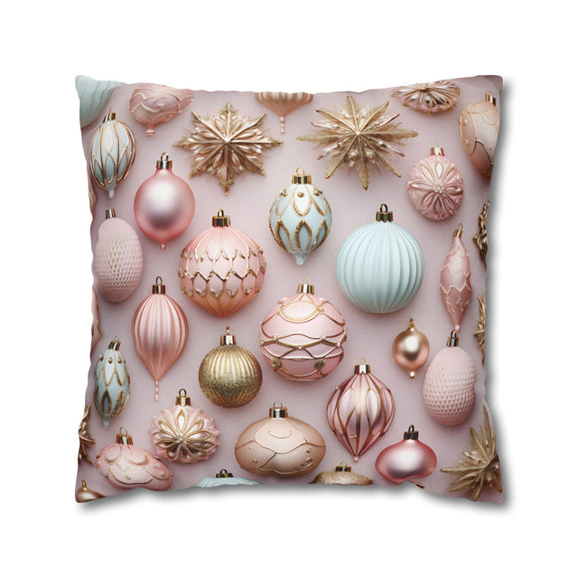 Pastel Holiday Ornaments Pillow Cover: Shimmer & Pink Pattern for Festive Elegance