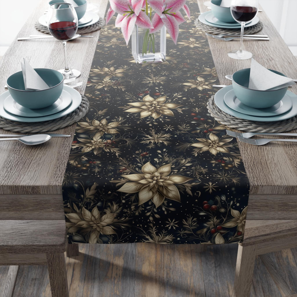 Navy Blue Holiday Table Runner: Golden Poinsettia Design