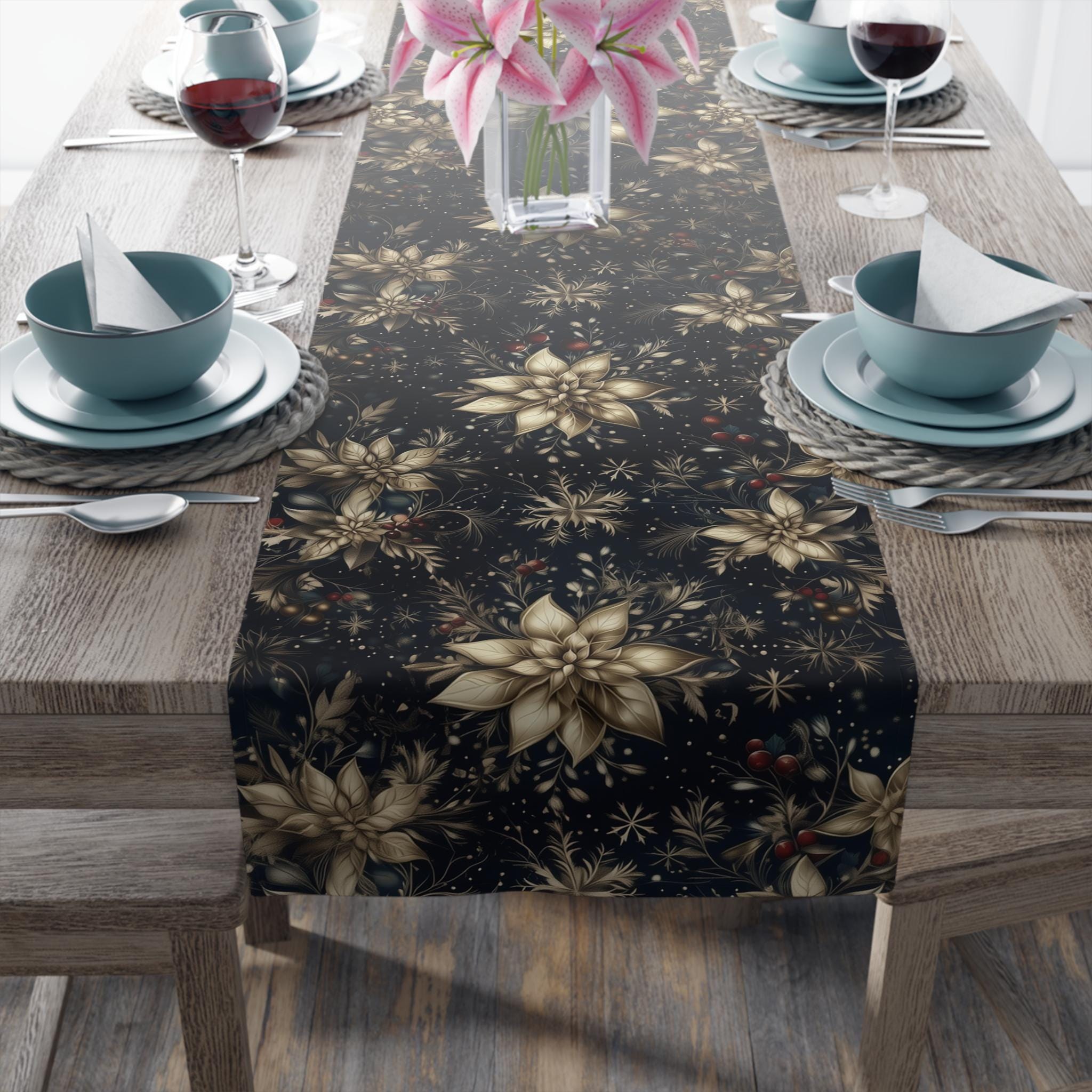 Navy Blue Holiday Table Runner: Golden Poinsettia Design