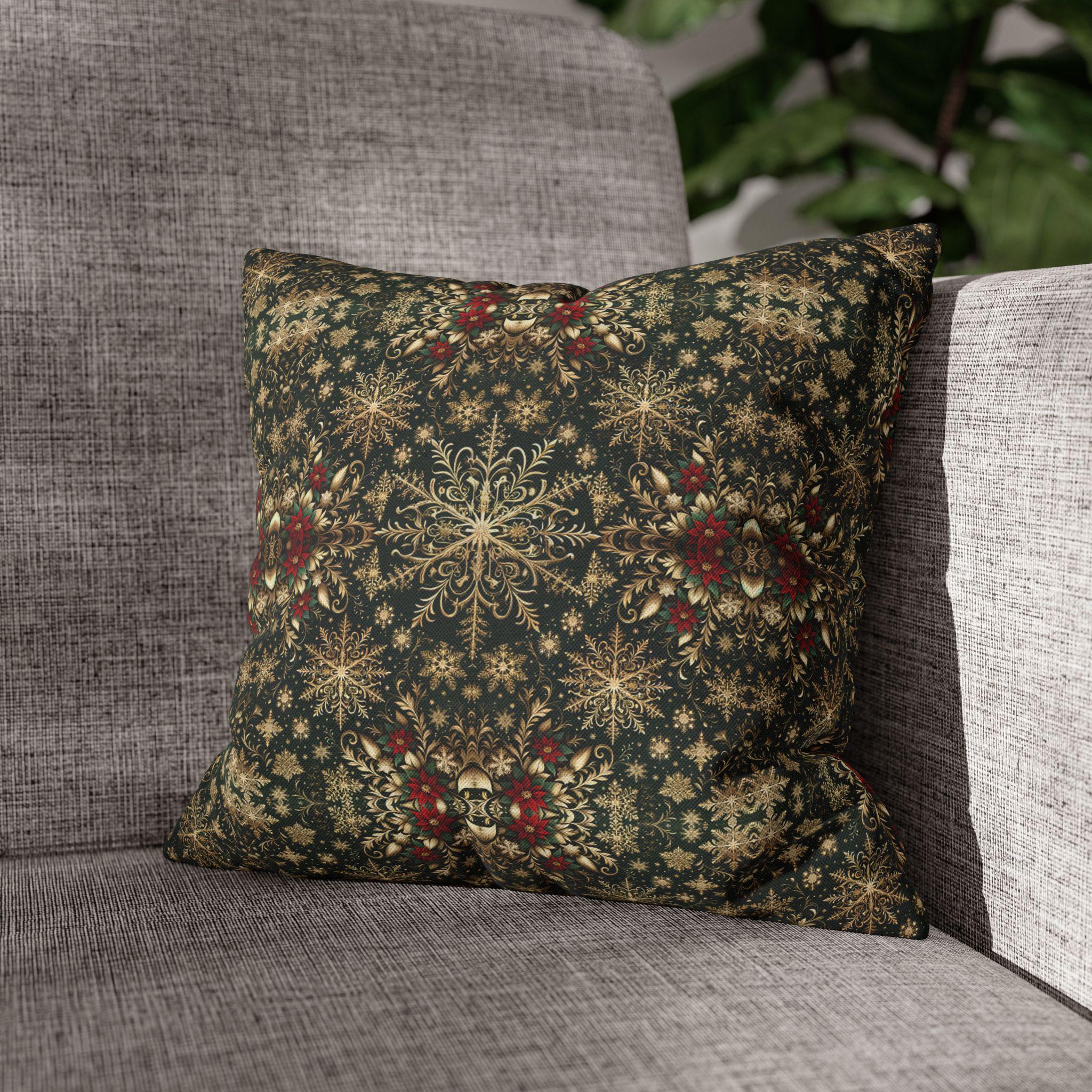 Elegant Gold Snowflake Poinsettia Square Pillow Cover: Holiday Tapestry Pattern for Christmas Home Decor