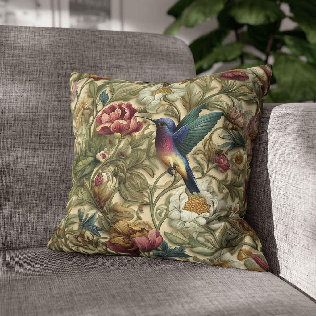 William Morris Inspired Botanical Pillow Cover: Vintage Style Hummingbird & Blooms