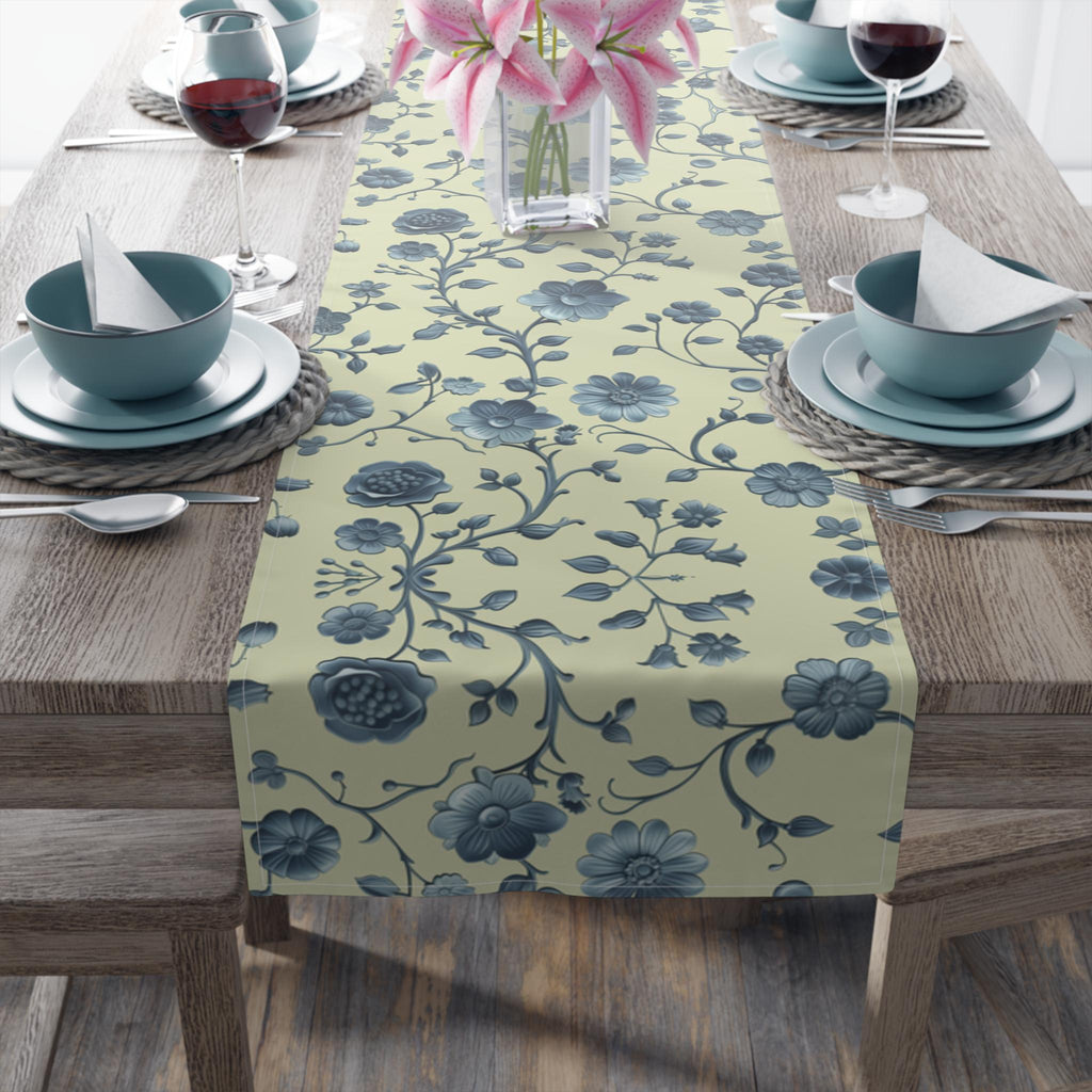 Teal Floral Chinoiserie Table Runner: Elegant Botanical Dining Decor on Buttery Yellow