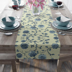 Teal Floral Chinoiserie Table Runner: Elegant Botanical Dining Decor on Buttery Yellow