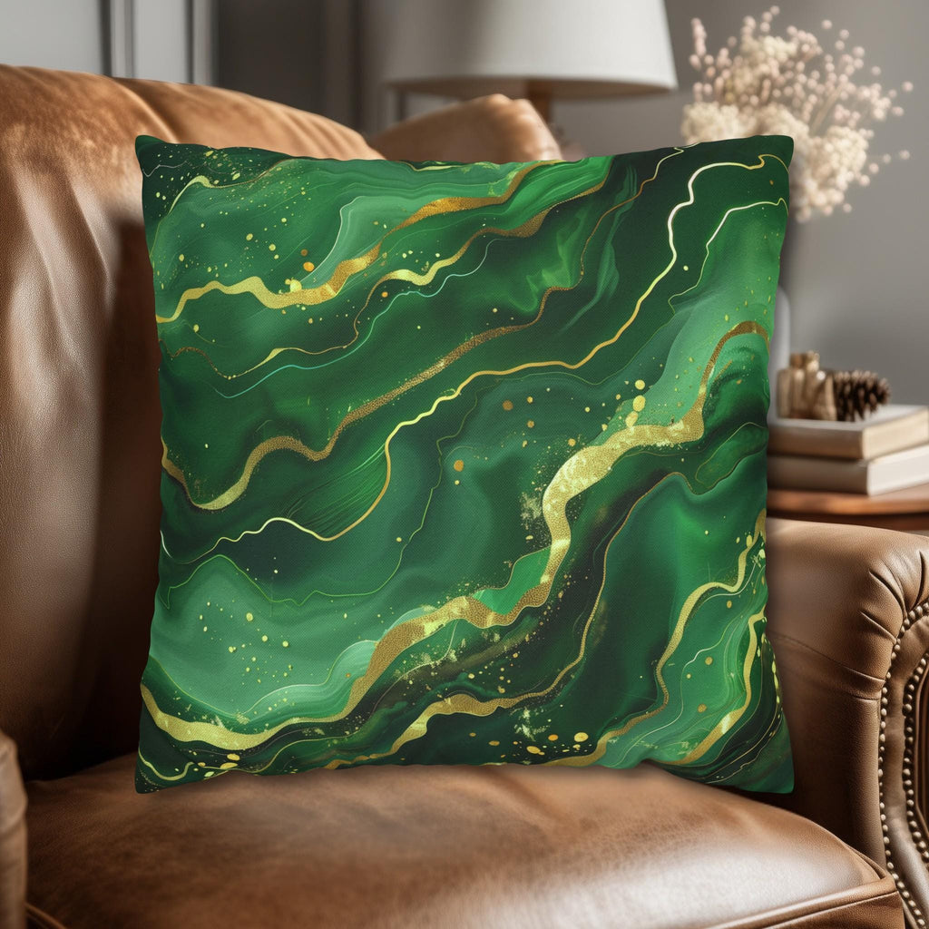 Green Waves Throw Pillow Cover: Emerald  and Deep Green with Gold Accents