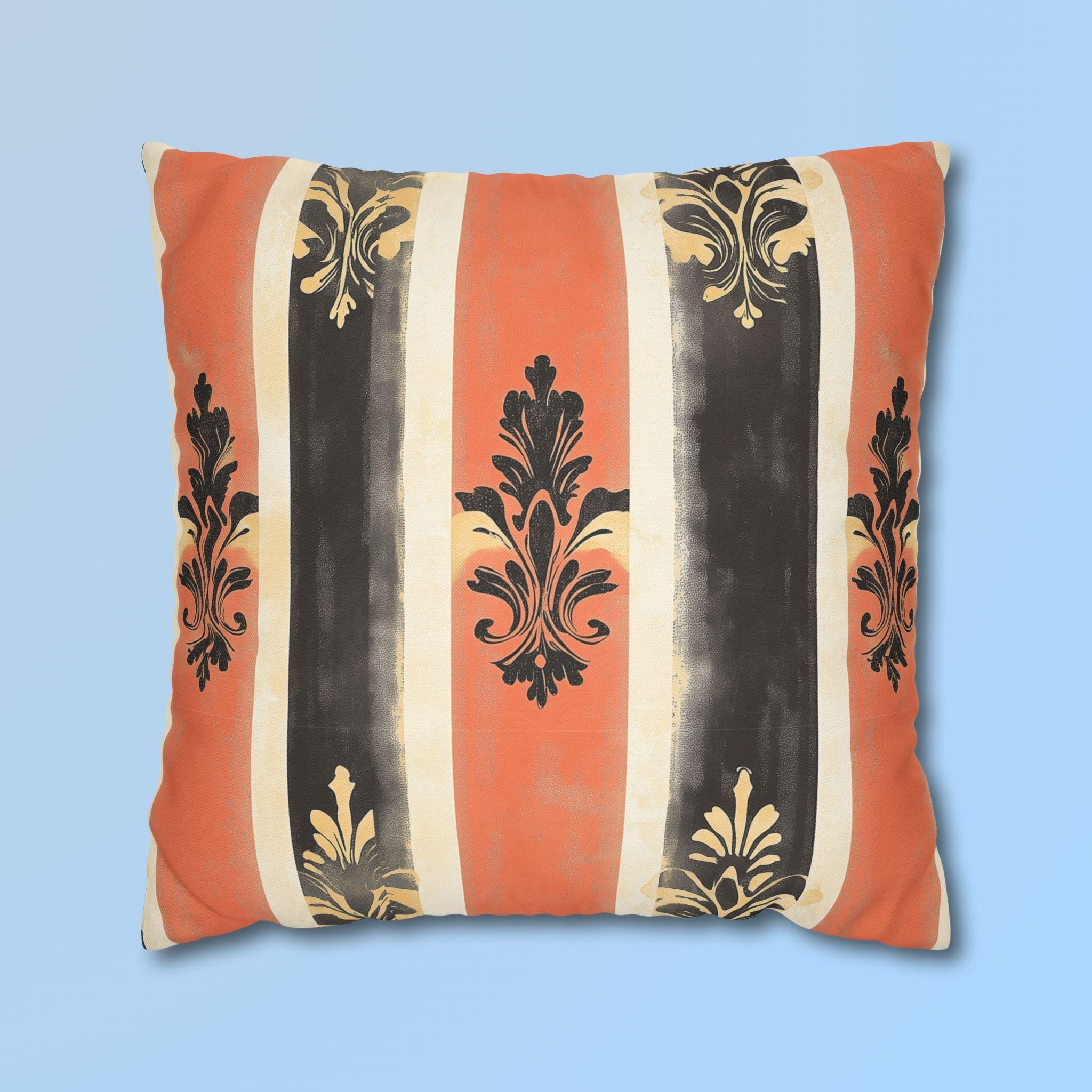 Elegant Farmhouse Patriotic Pillow Cover: Red, White & Navy Stripes with Gold Damask Floral Motifs
