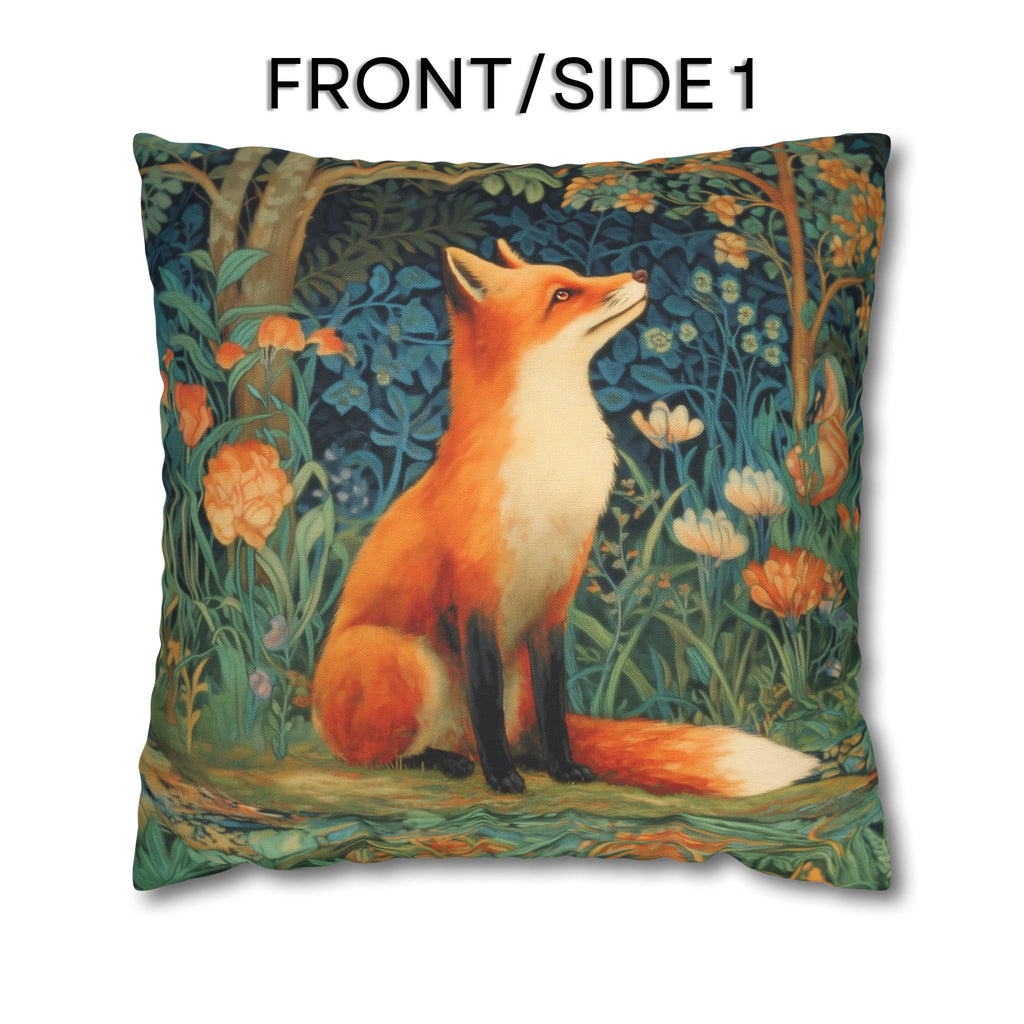 Morris-Inspired Red Fox Botanical Pillow Cover: Vintage Style Moody Woodland Blooms