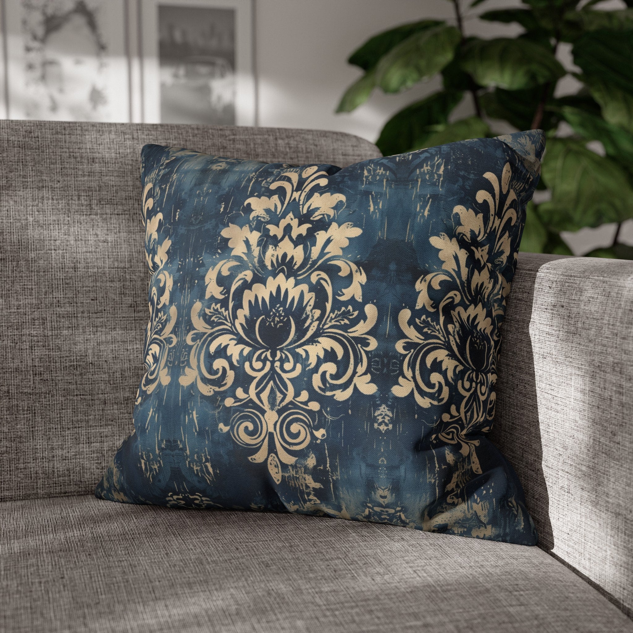 Navy Blue Damask Throw Pillow Cover: Vintage Style Farmhouse Decor