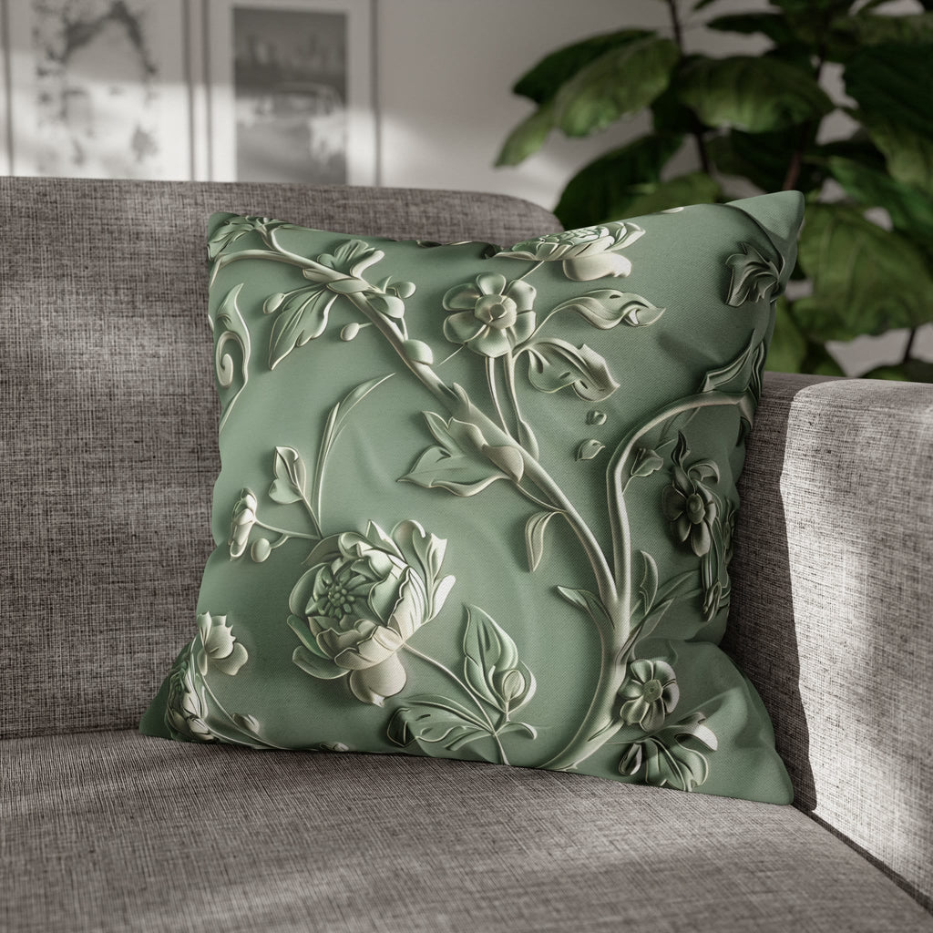 Elegant Chinoiserie Floral Pillow Cover: Sage & Teal Monochromatic Sculpted Botanical Cushion Case