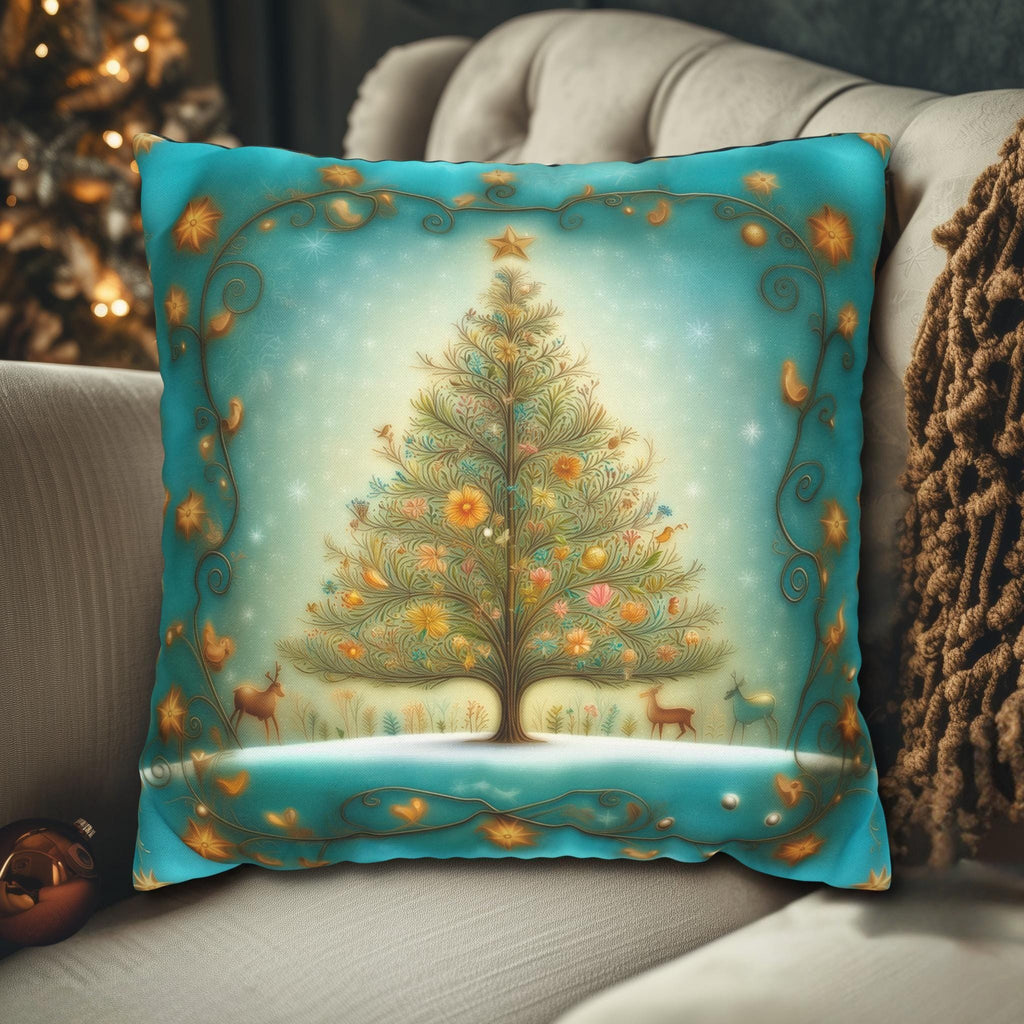 Vintage Style Teal Blue Christmas Tree Pillow Cover: Floral Winter Scene with Gold Accents