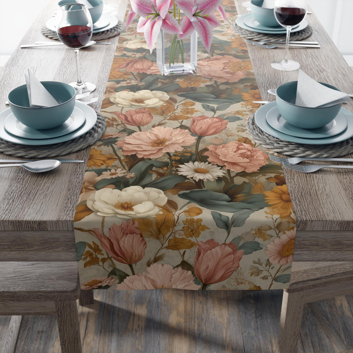 William Morris Inspired Botanical Table Runner: Dusty Rose, Sage, Ochre Autumn Accent