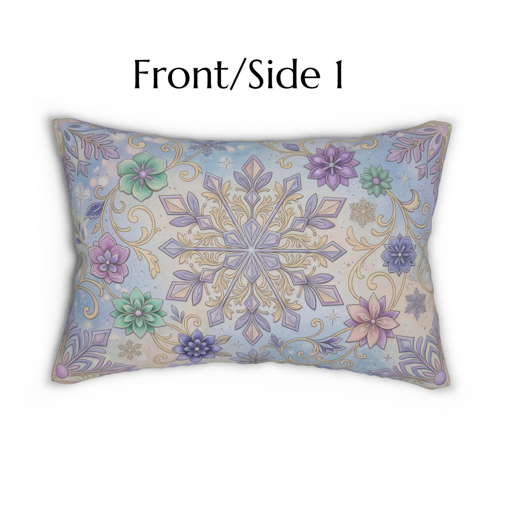Pastel Snowflake Lumbar Pillow: Coquette Christmas Decor, Dreamy Lilac Mint Winter