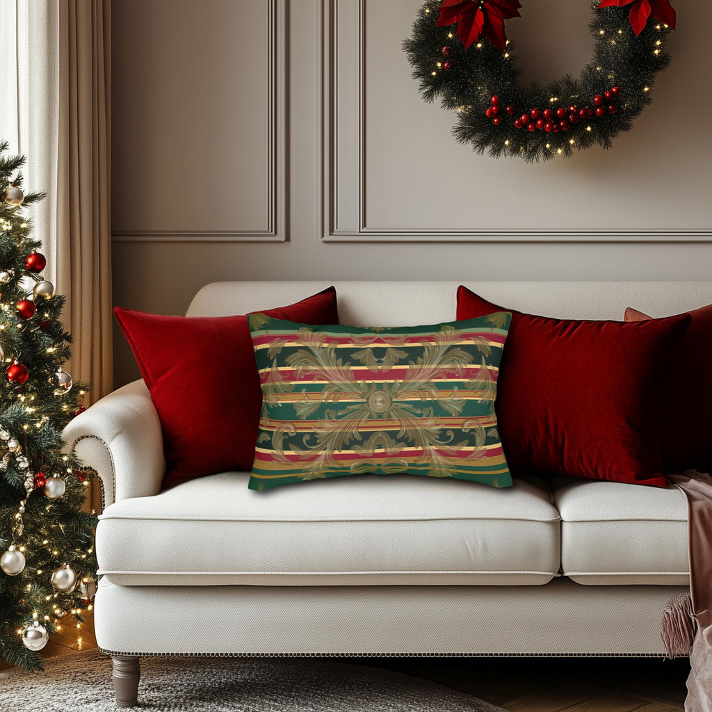 Gold Damask Christmas Lumbar Pillow: Emerald Tartan Bands and Medallion Accent