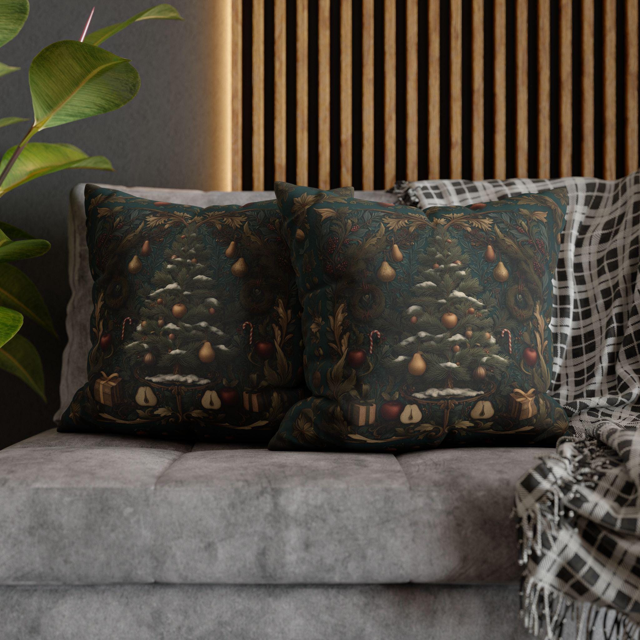 William Morris Inspired Christmas Tree Pillow Cover: Holiday Fruit & Wreath Motif