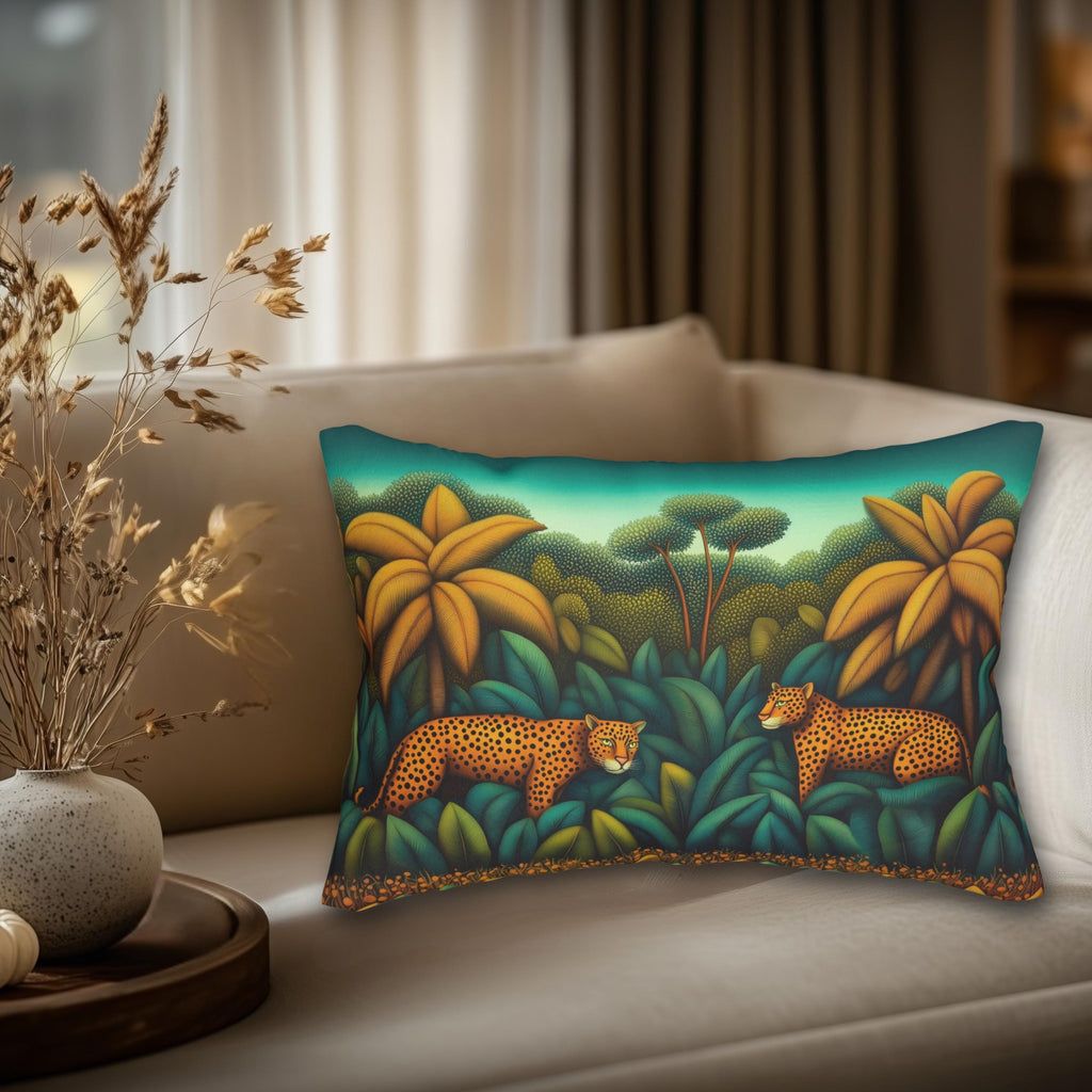 Jaguar Jungle Safari Lumbar Pillow: Tropical Botanical Animal Decor