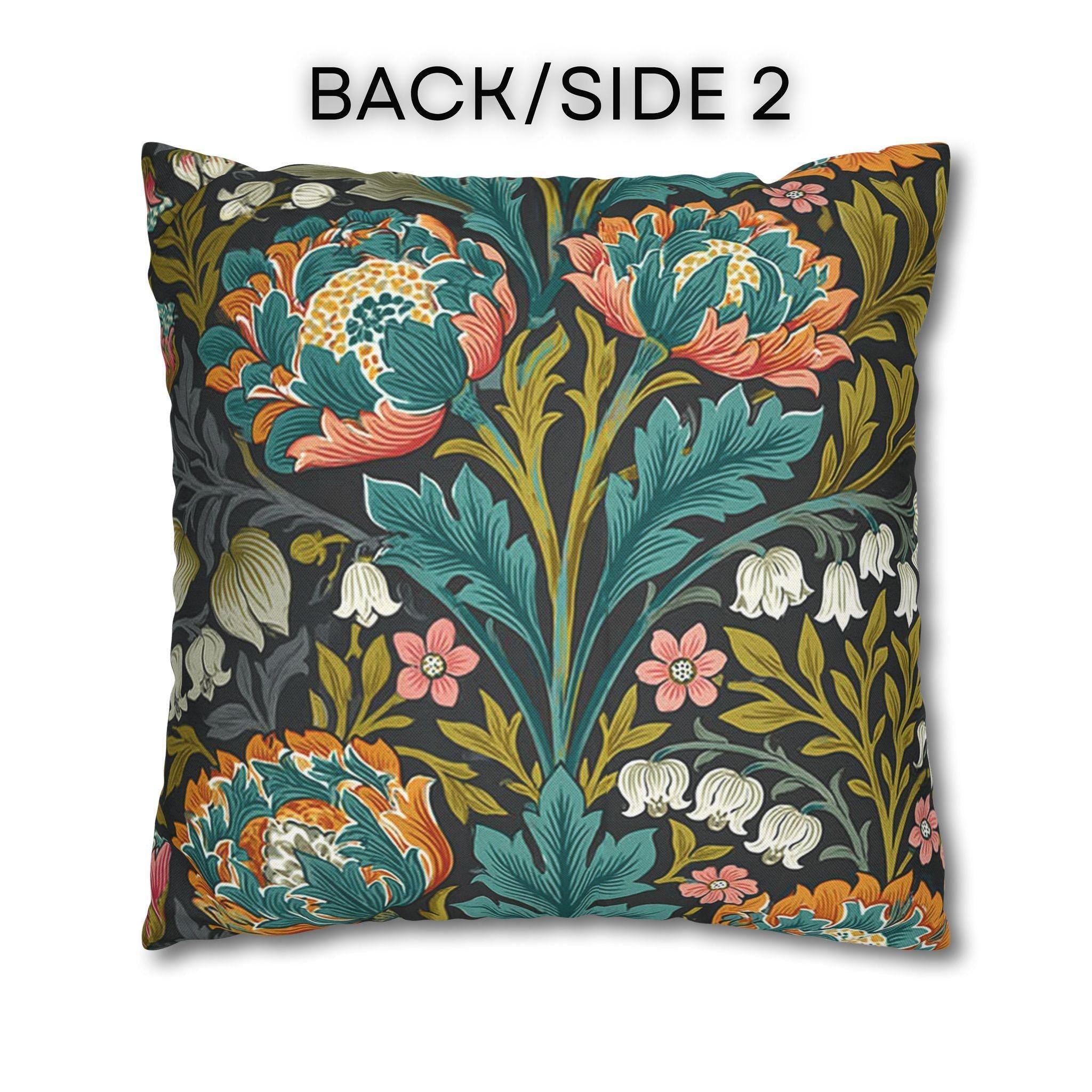 William Morris Style Throw Pillow Cover: Moody Teal Coral Botanical