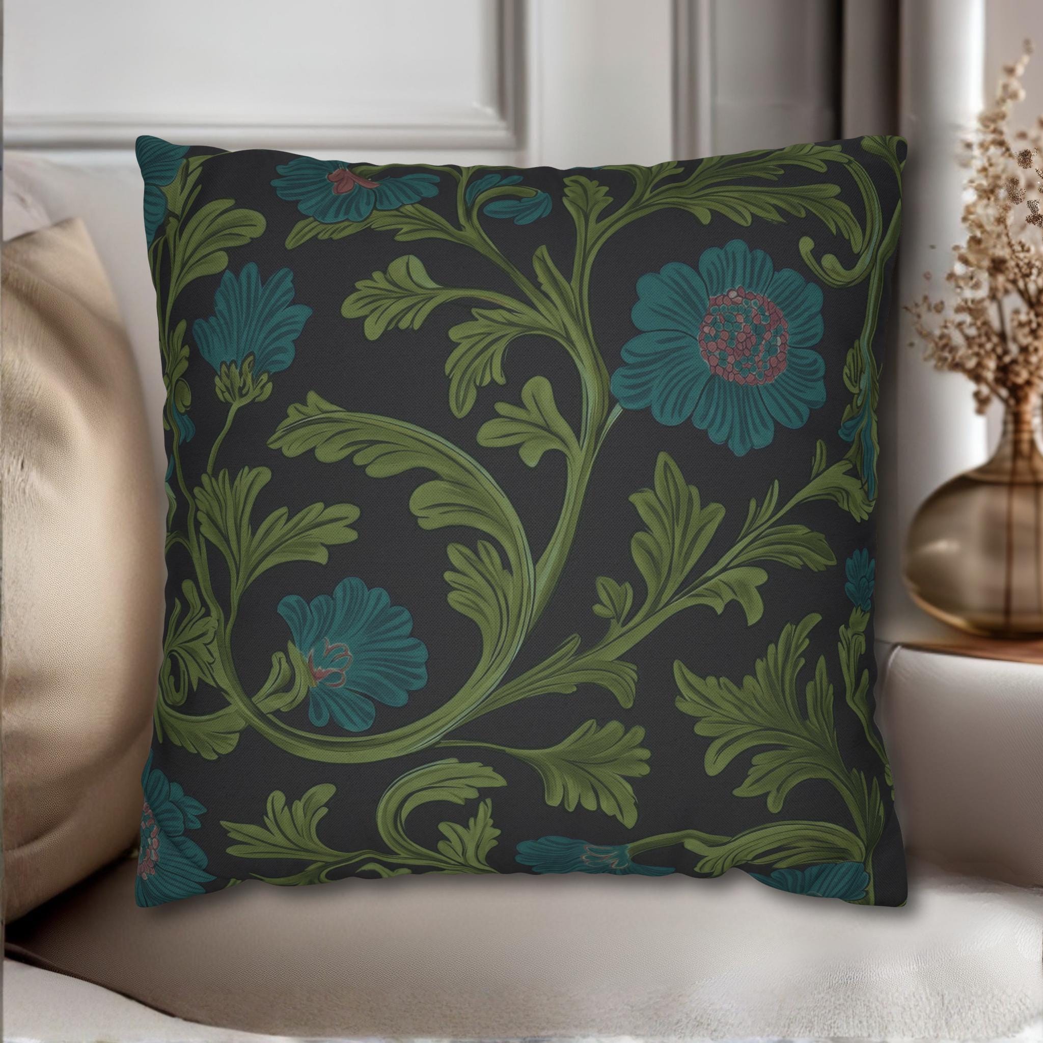 William Morris Pillow Cover: Lodden  Inspired  Charcoal with Olive & Teal Botanicals