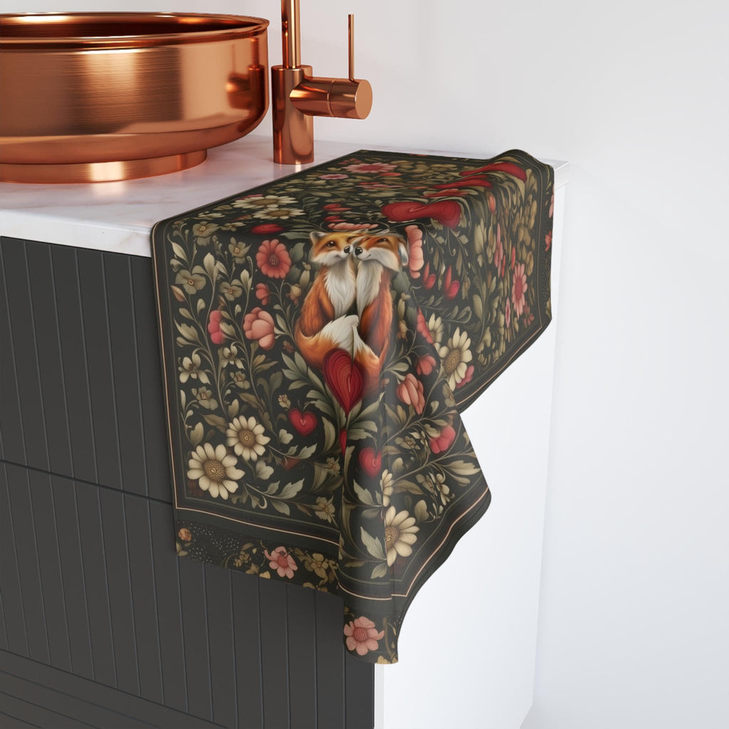 William Morris Inspired Fox Love Hand Towel: Romantic Woodland Kitchen or Bath Decor