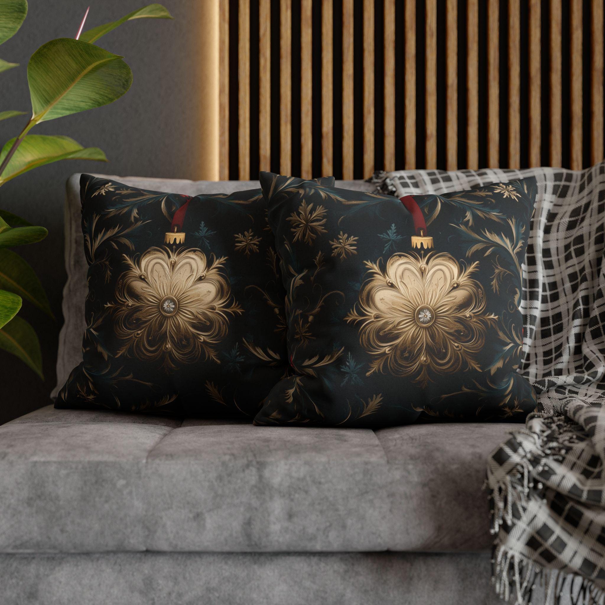 Elegant Navy & Gold Christmas Pillow Cover with Red Berries