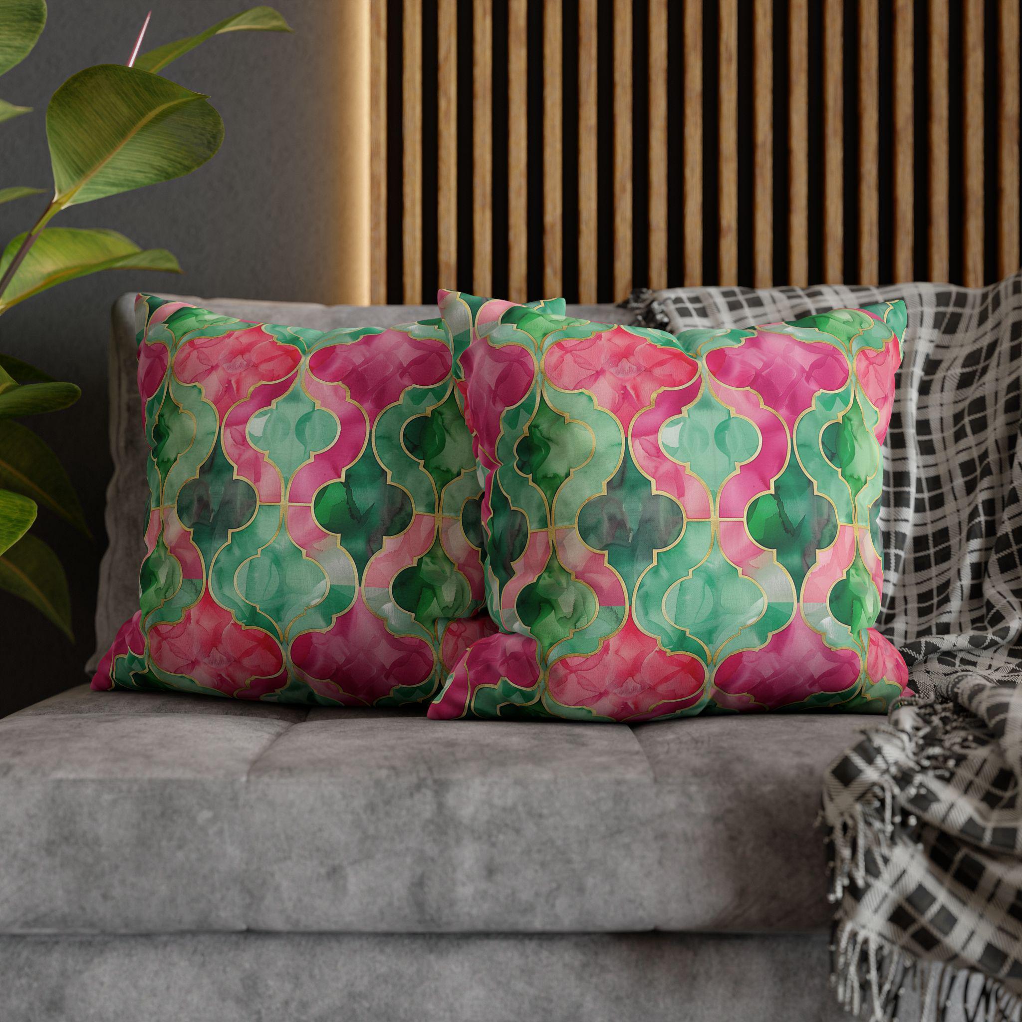 Moroccan Tile-Inspired Pillow Cover | Vibrant Pink & Green Watercolor Design | Elegant Home Decor