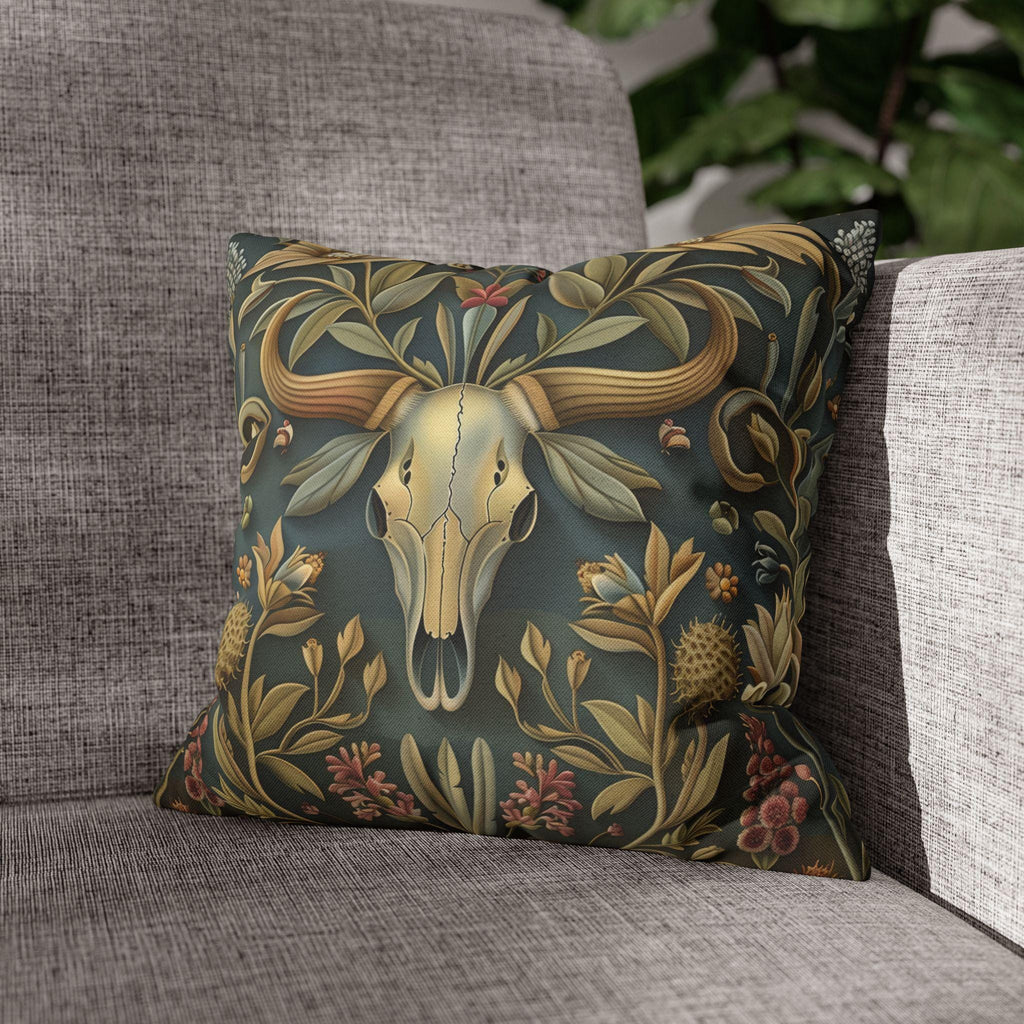Longhorn Skull Floral Pillow Cover: Western Arts & Crafts Decor with Morris-Inspired Southwest Design