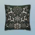 Elegant Emerald Green Throw Pillow Cover with Intricate Snowflakes and Reindeer Design
