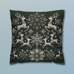 Elegant Emerald Green Throw Pillow Cover with Intricate Snowflakes and Reindeer Design