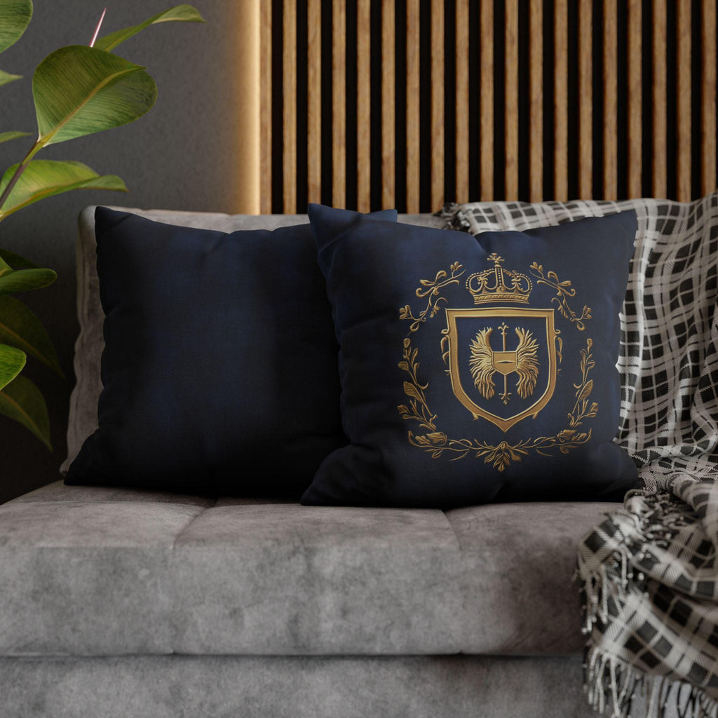 Regal Golden Emblem Navy Blue Pillow Cover: Elegant Home Decor