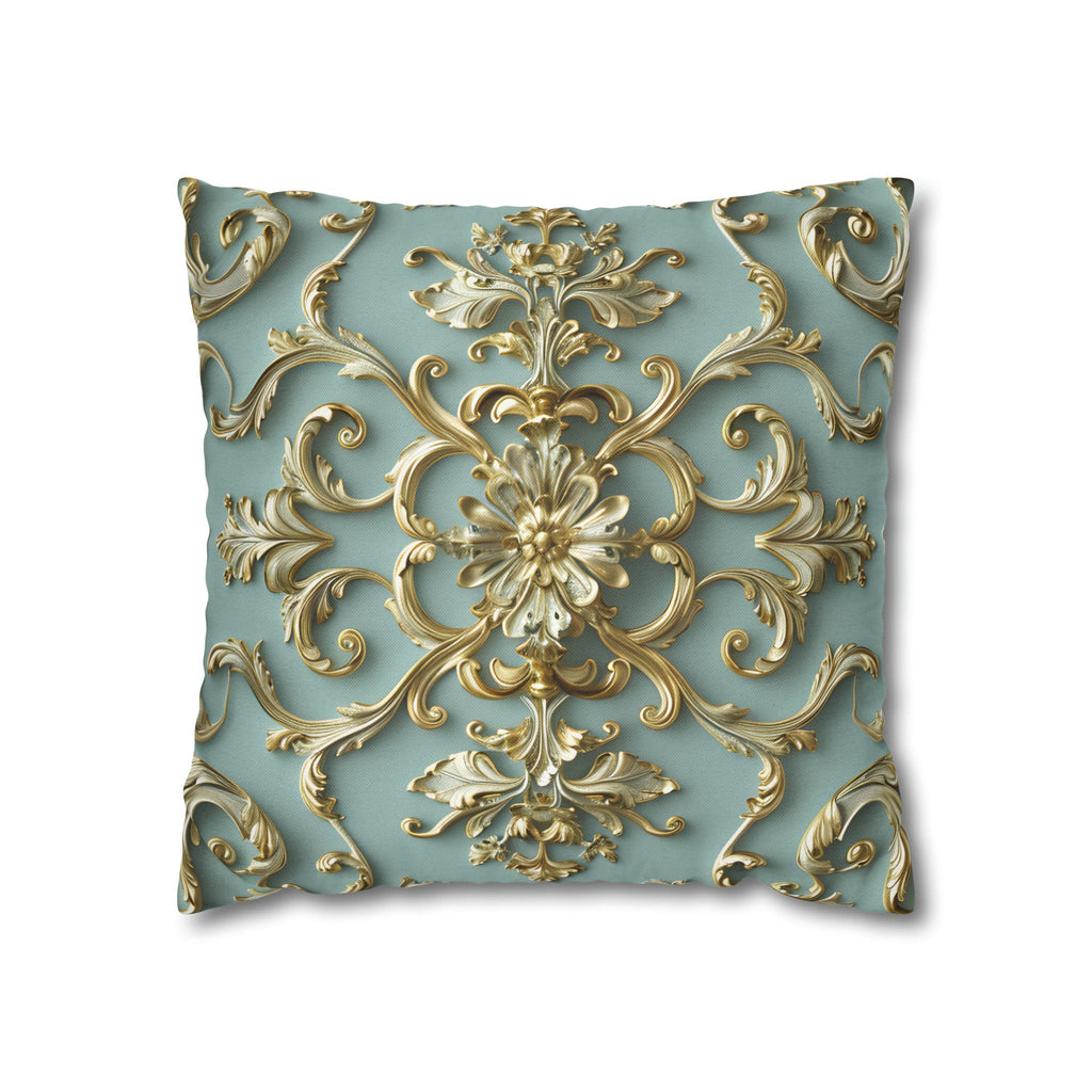 Luxurious Italian Rococo Pillow Cover: Gold Scrollwork on Soft Blue, Classical Ornate Design