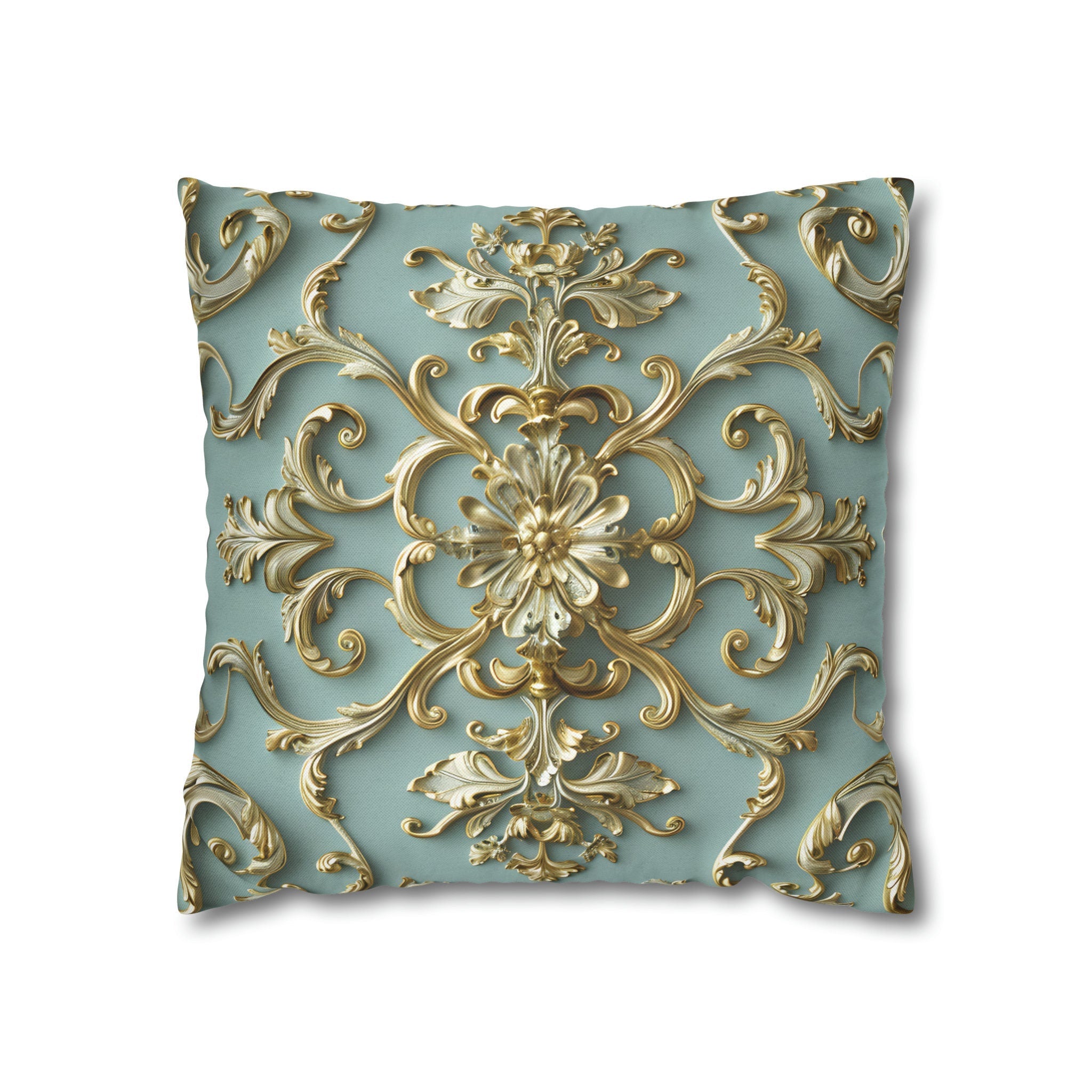 Luxurious Italian Rococo Pillow Cover: Gold Scrollwork on Soft Blue, Classical Ornate Design