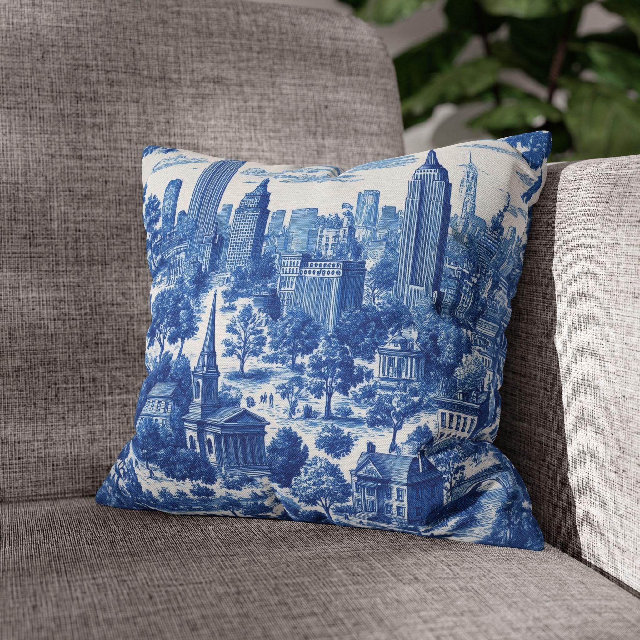 NYC Toile Pillow Cover: Blue & White French Country Urban Design