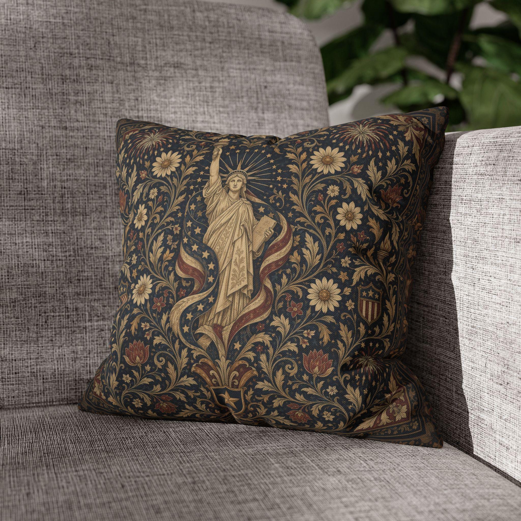 Patriotic Pillow Cover: Americana Statue of Liberty Botanical Design
