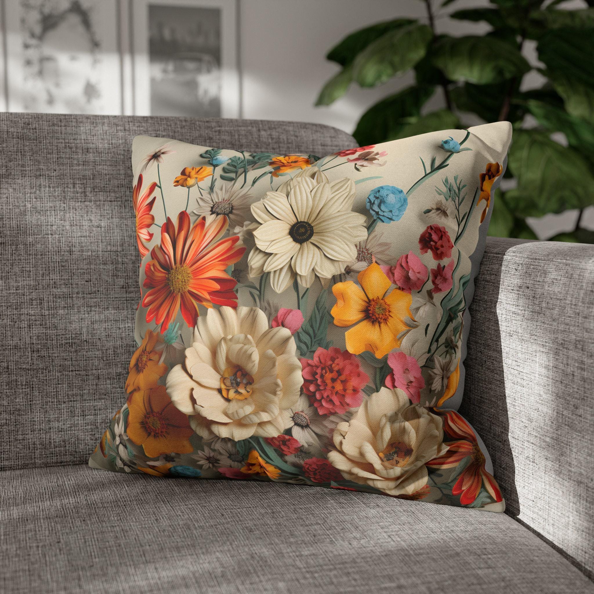 Vintage Style Brightly Colored Throw Pillow Cover: Boho Wildflowers on a Light Cream Background