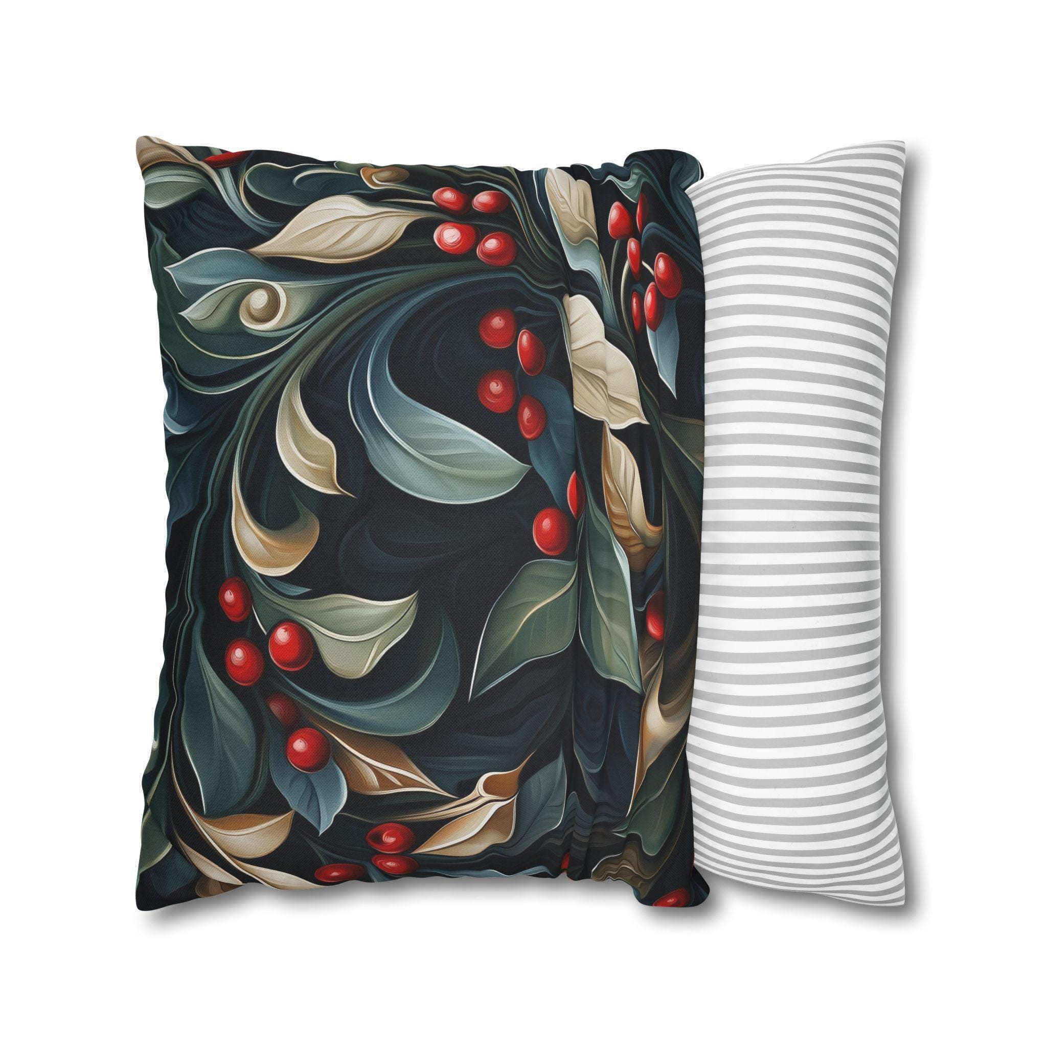 Christmas Botanical Square Pillowcase, Elegant Holly Leaves & Berries Design Cushion Cover