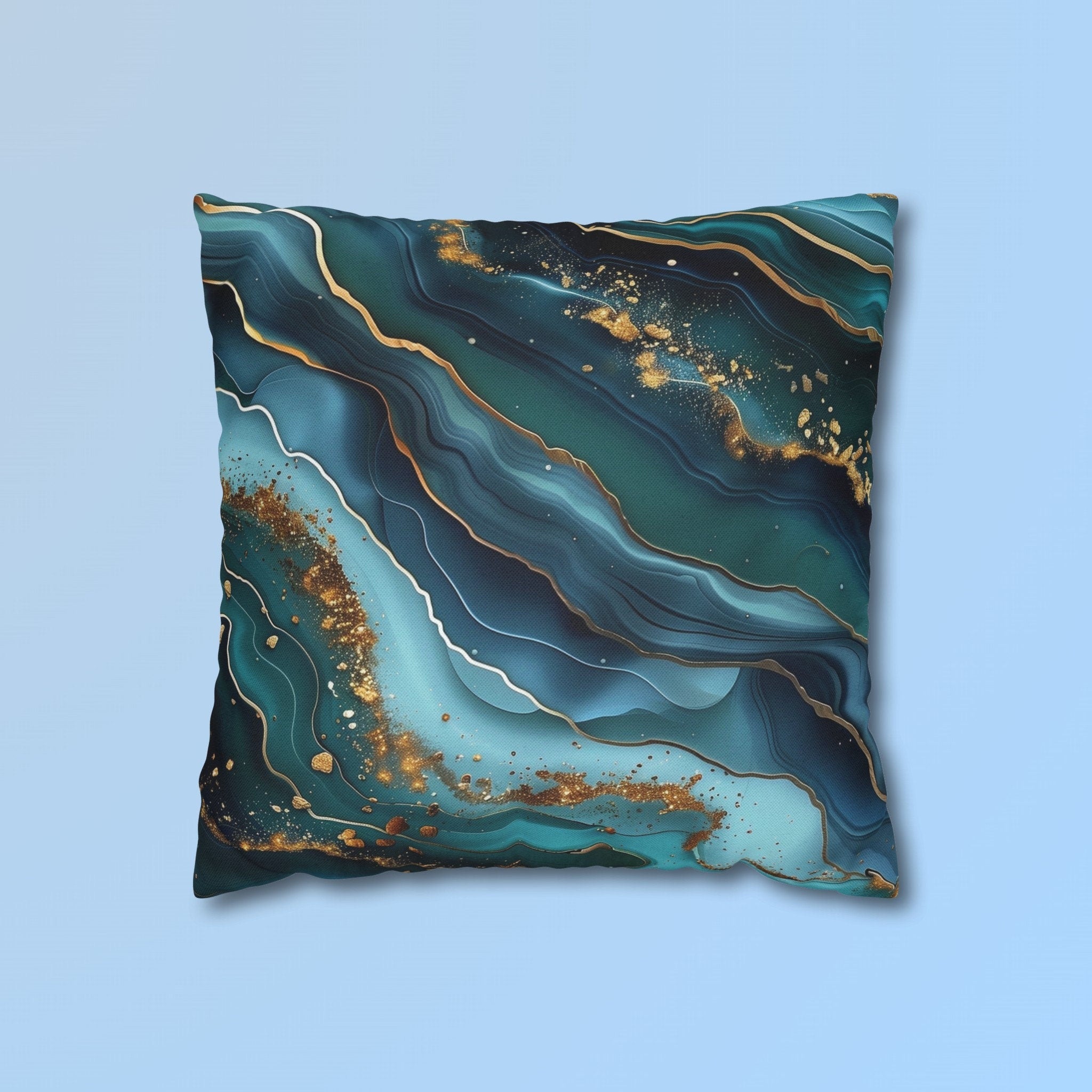Teal Ocean Waves Pillow Cover: Blue & Gold Accent Cushion