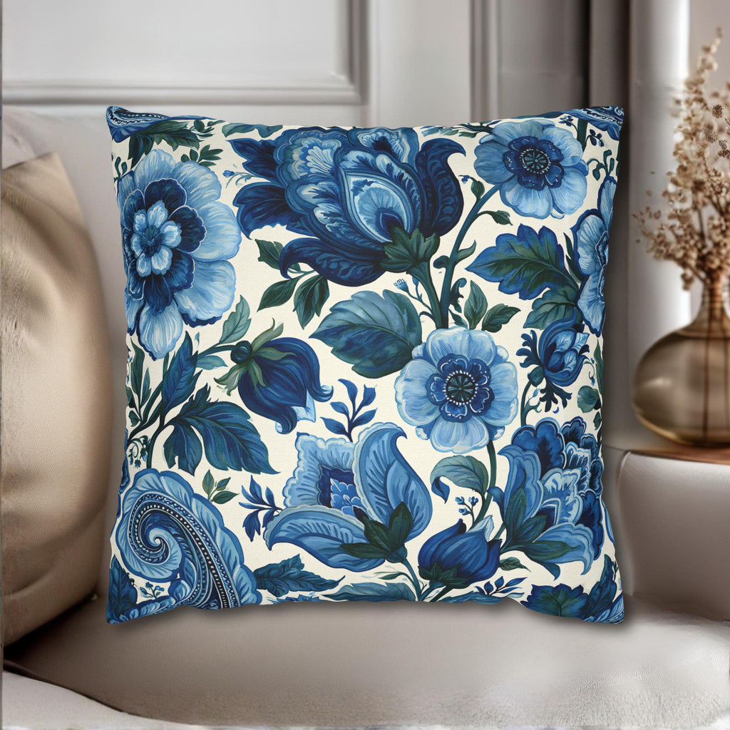 Blue and White Botanical Pillow Cover: Stylized Floral Vine Design