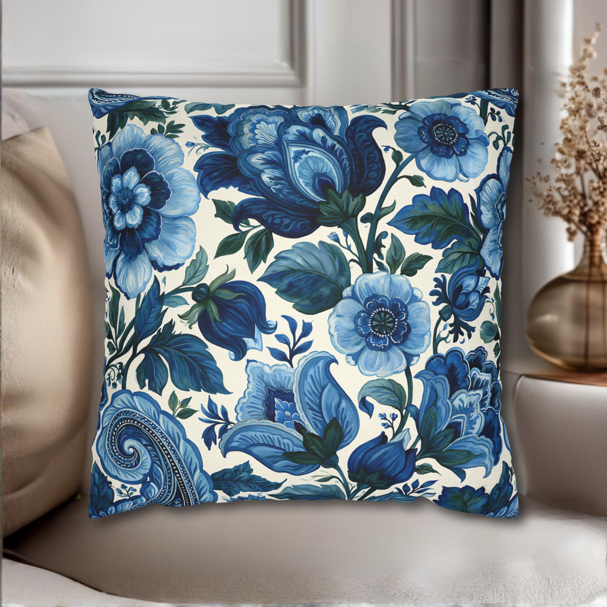 Blue and White Botanical Pillow Cover: Stylized Floral Vine Design