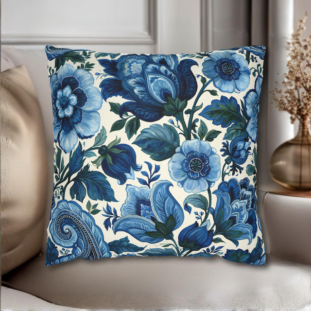 Blue and White Botanical Pillow Cover: Stylized Floral Vine Design