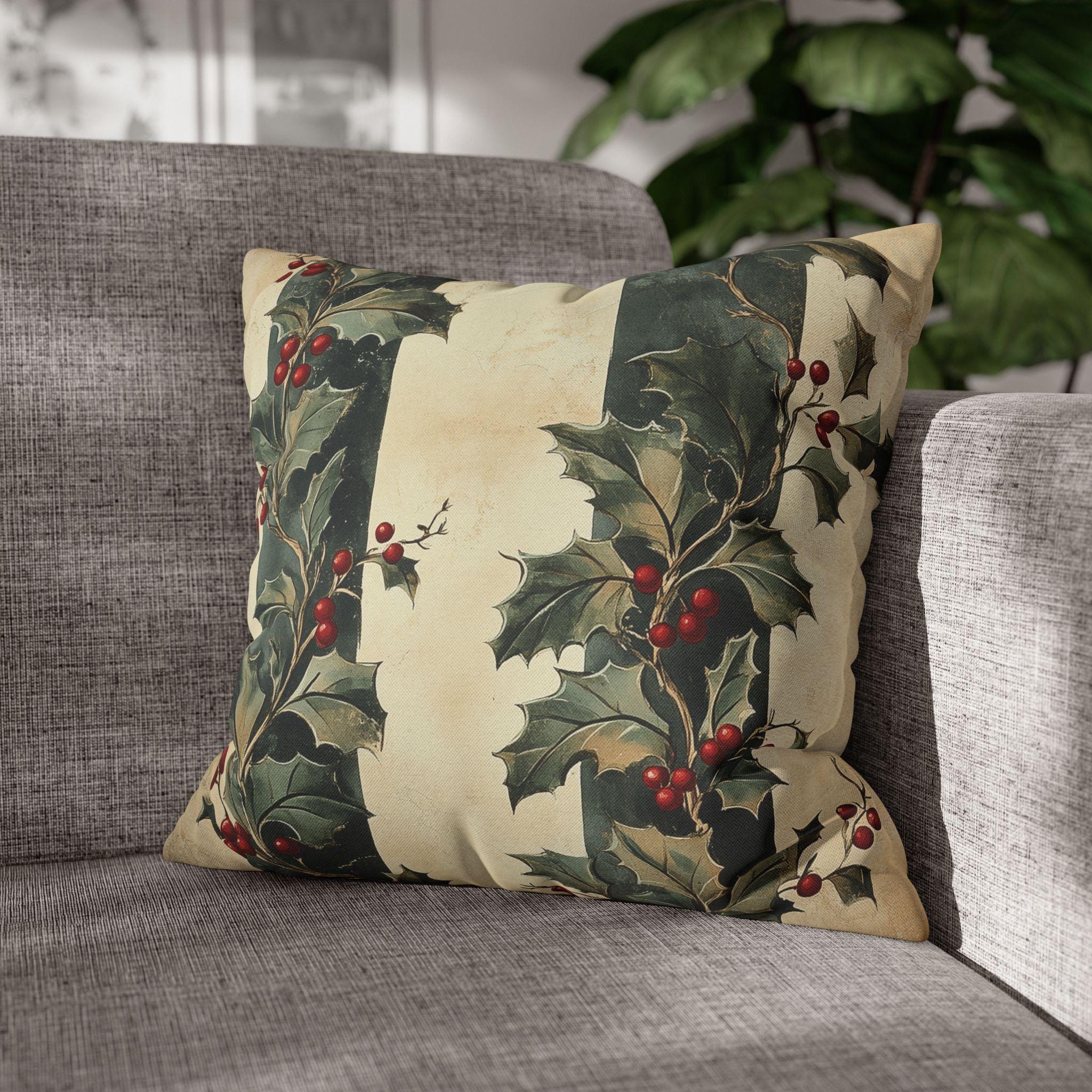 Holly & Stripes Pillow Cover: Vintage Style Christmas Botanical Holiday Accent