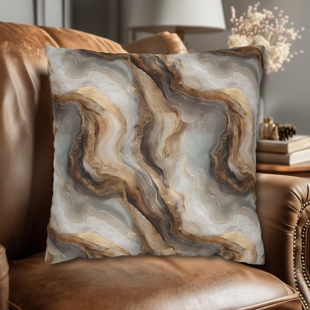 Modern Abstract Pillow Cover: Brown Marble Look with Gold Color Accents